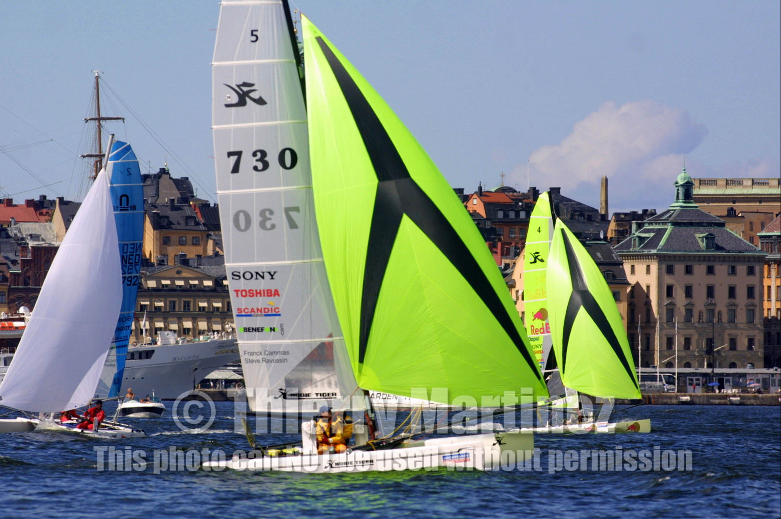 01_0474D-©ThMartinez- Sweden 1st 3rd August 2001. Archipelago Raid (Catamaran Formula 18).1st August 2001- Start in Stockholm (SWE)- Franck Cammas (FRA) & Steve Ravussin(SUI) leading ..