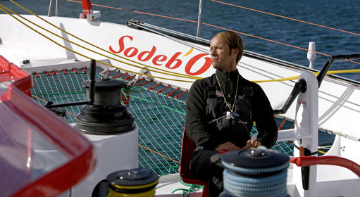 Thomas Coville(FRA) training on board trimaran SODEB'O for 2006 Route du Rhum.