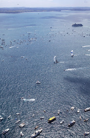 03_0965D © Th.Martinez . Auckland   New Zealand. 18th February 2003 America's Cup 2003, Day 3 Alinghi(SUI64) vs Team New Zealand(NZL82) Finish line of race day 3.