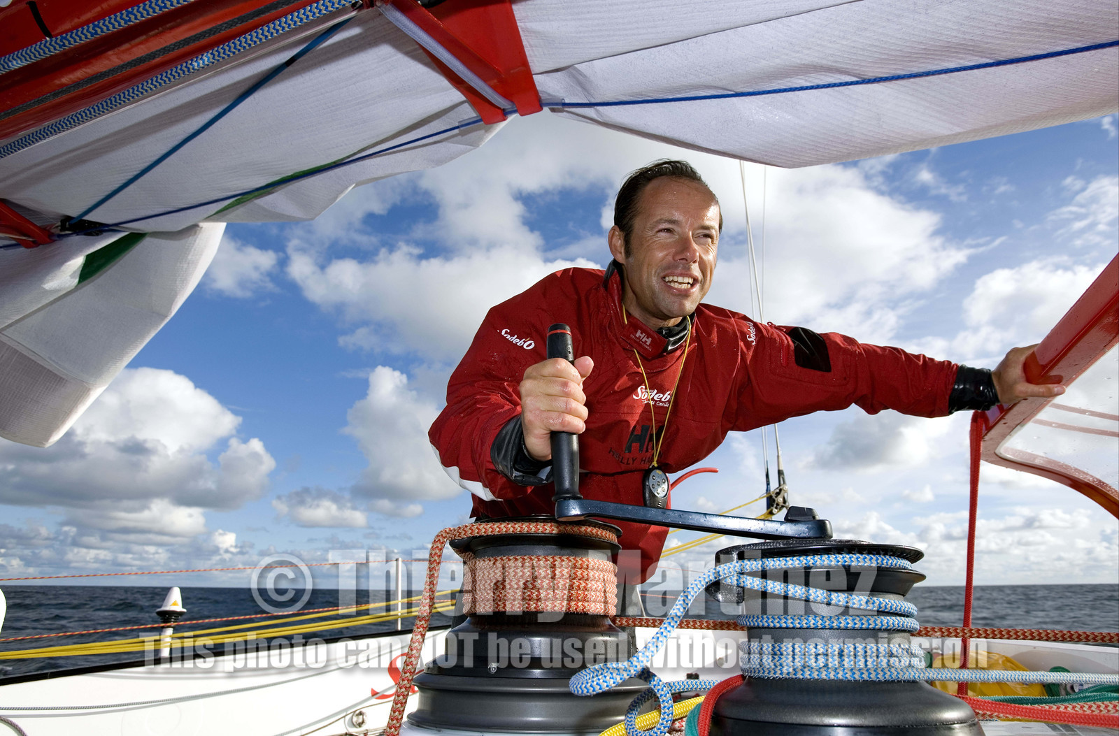 Thomas Coville(FRA) training on board trimaran SODEB'O for 2006 Route du Rhum.