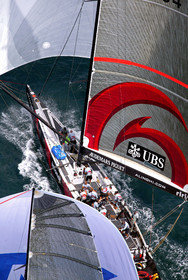 03_0976D © Th.Martinez . Auckland   New Zealand. 18th February 2003 America's Cup 2003, Day 3 Alinghi(SUI64) vs Team New Zealand(NZL82).Alinghi Team leading NZL 82 in last downwind leg.