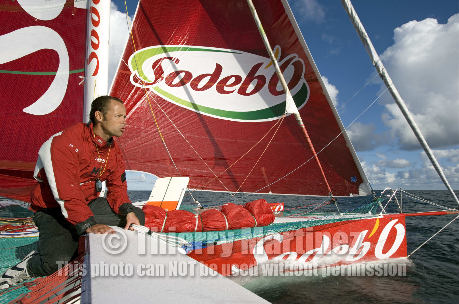 Thomas Coville(FRA) training on board trimaran SODEB'O for 2006 Route du Rhum.