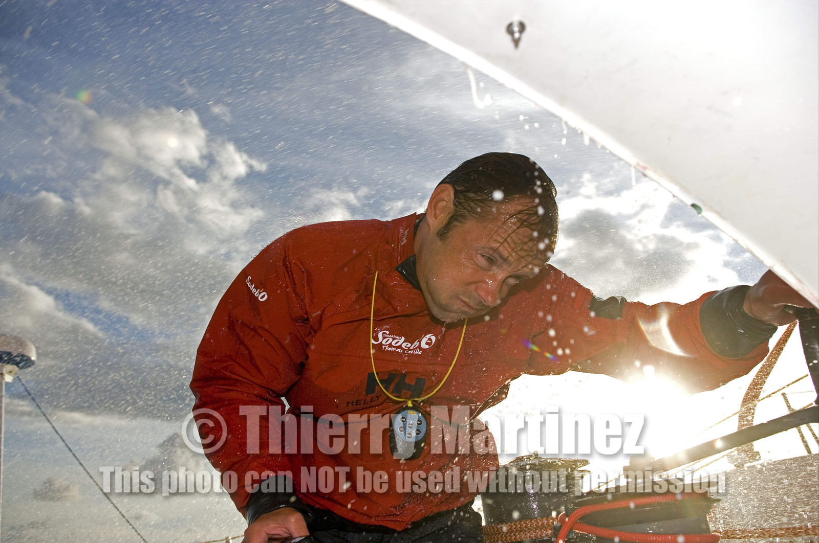 Thomas Coville(FRA) training on board trimaran SODEB'O for 2006 Route du Rhum.