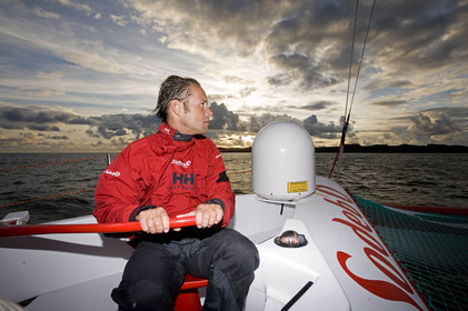 Thomas Coville(FRA) training on board trimaran SODEB'O for 2006 Route du Rhum.