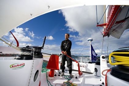 Thomas Coville(FRA) training on board trimaran SODEB'O for 2006 Route du Rhum.