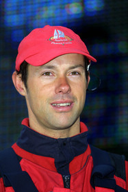 ©Thierry Martinez   Sea&Co.. Vendee Globe Finish. les Sables d'Olonne (FRA) 23th february 2001. 07h15 (local time).Thomas Coville (FRA) SODEBO finishing 6th in single handed round the world race, in 105days 7h 24mn..Thomas had crossed the finish line at 23h35mn the day before.