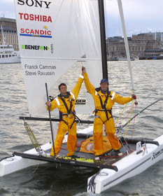 01_0511D-©ThMartinez- Sweden 1st 3rd August 2001. .Archipelago Raid (Catamaran Formula 18).Franck Cammas (FRA) & Steve Ravussin , winners, after the finish line. in Stockholm (SWE)