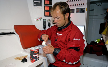 Thomas Coville(FRA) training on board trimaran SODEB'O for 2006 Route du Rhum.