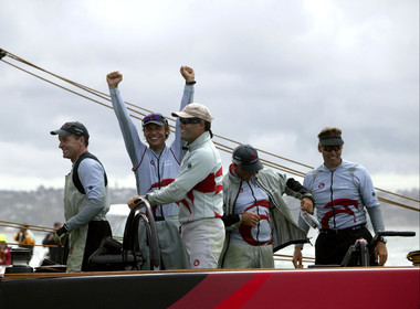 03_1468D © Th.Martinez . Auckland   New Zealand. 2nd March 2003 America's Cup 2003. Day 5, Alinghi (SUI64) vs Team New Zealand (NZL82). Alinghi winner of the 31st America's Cup. Ernesto Bertarelli (President and navigator) very happy after the Victory of Alinghi Team in America's Cup 2003. Russell Coutts(Skipper) at the helm.