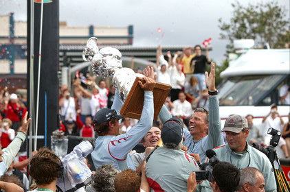 03_1421D © Th.Martinez . Auckland   New Zealand. 2nd March 2003 America's Cup 2003. Day 5, Alinghi (SUI64) vs Team New Zealand (NZL82). .Alinghi winner of the 31st America's Cup (5-0). Docking ceremony, presentation of the America's Cup in the Viaduct Bassin..Alinghi afterguard, Ernesto Bertarelli, Jochen Schuemmann, Brad Butterworth holding the America”s Cup.