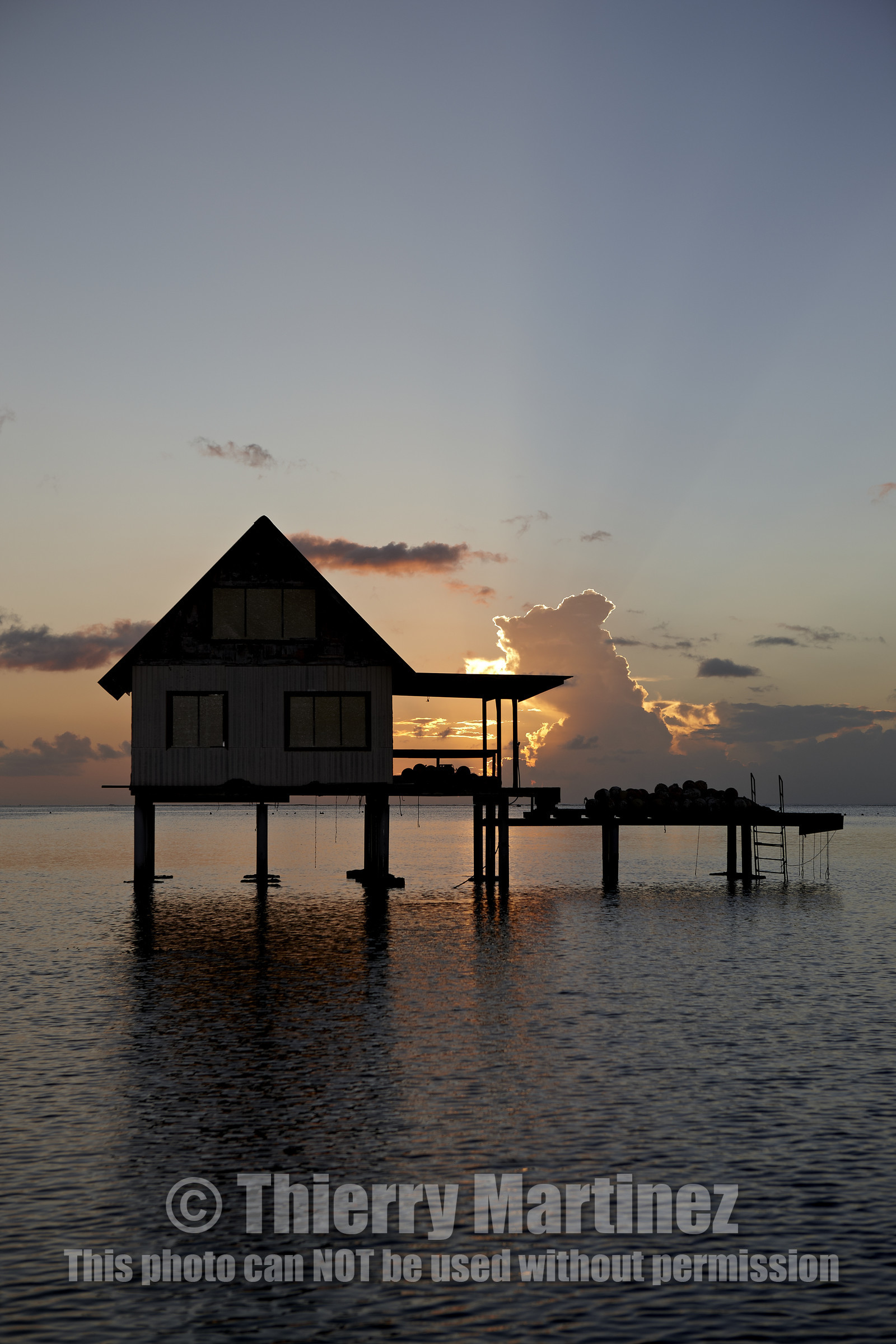 15_025578  ©ThMartinez Sea&Co.  RAIATEA - ILES SOUS LE VENT. POLYNESIE FRANCAISE .  2 Février 2015. ..Ferme perliere dans le lagon de Raiatea au couché du soleil.