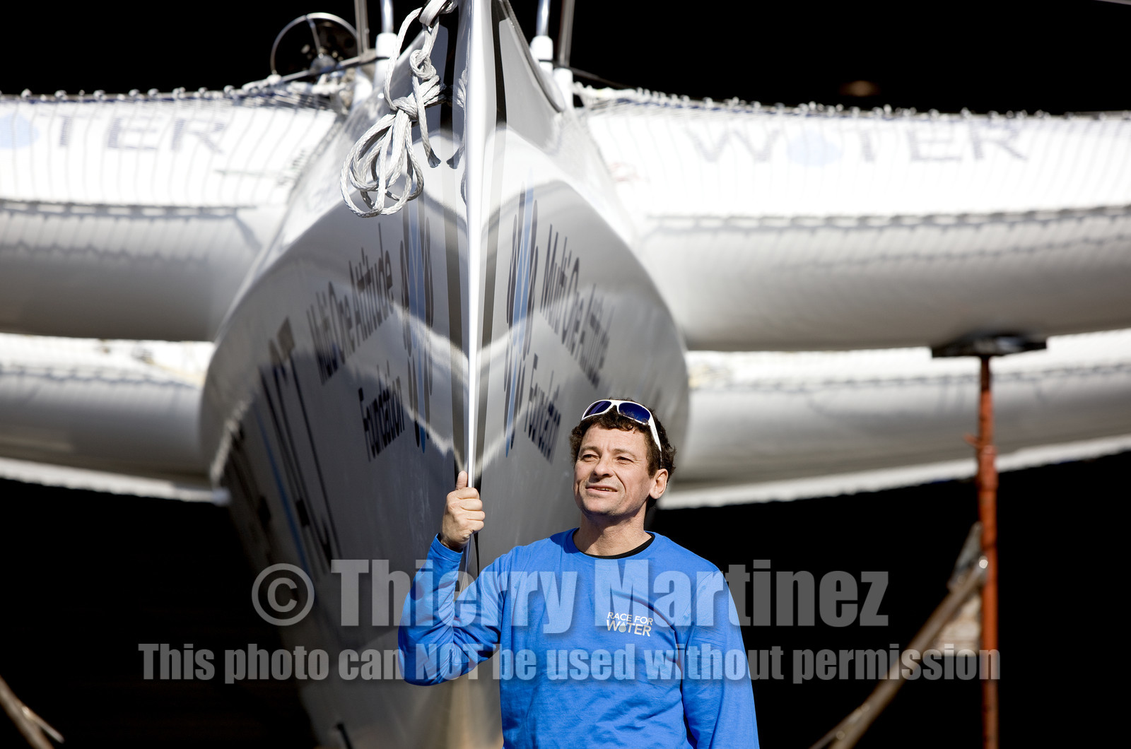 1st MOD 70  RACE FOR WATER , Skipper Steve Ravussin (SUI) going in water in Lorient (FRA).