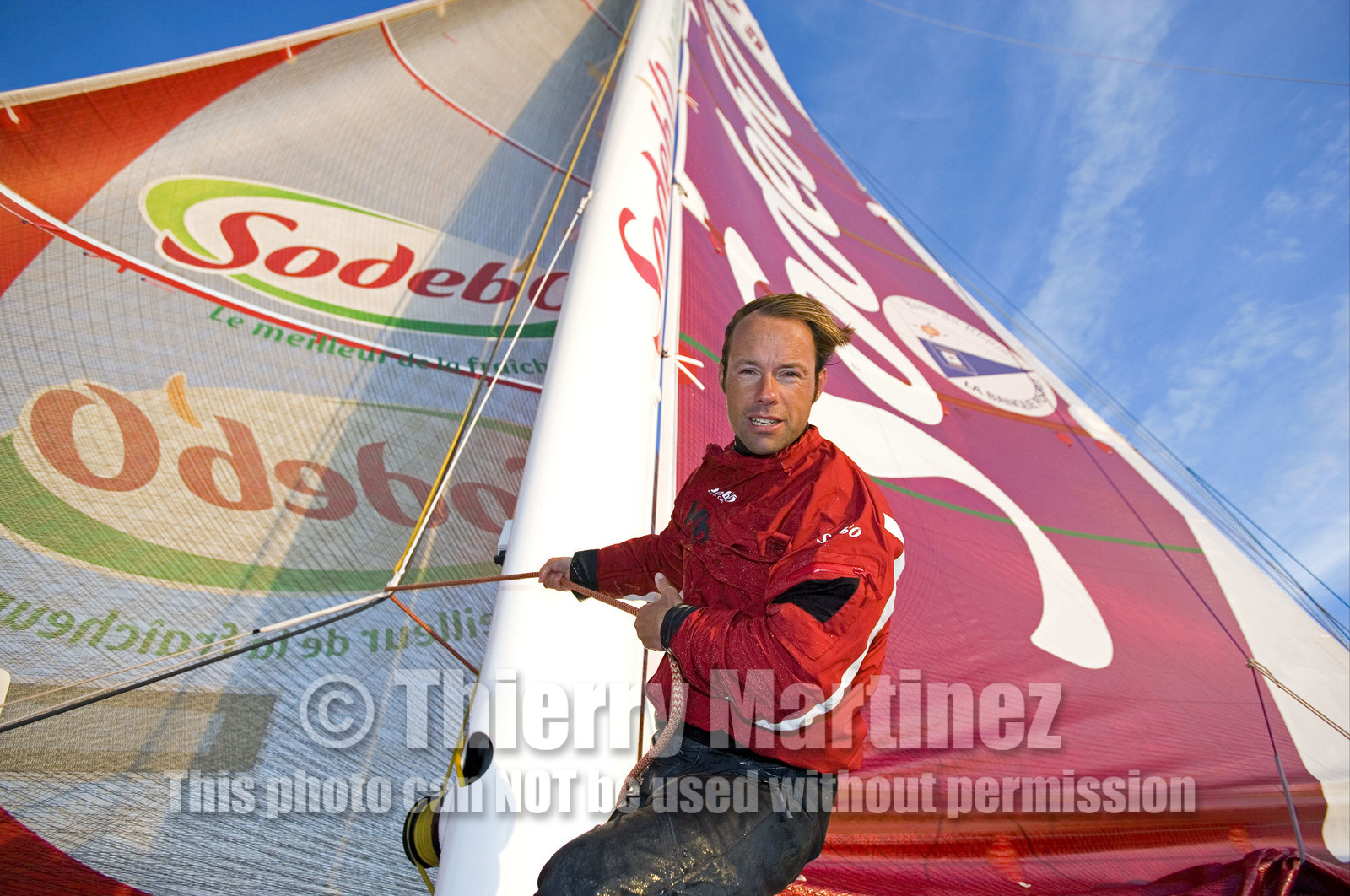 Thomas Coville(FRA) training on board trimaran SODEB'O for 2006 Route du Rhum.