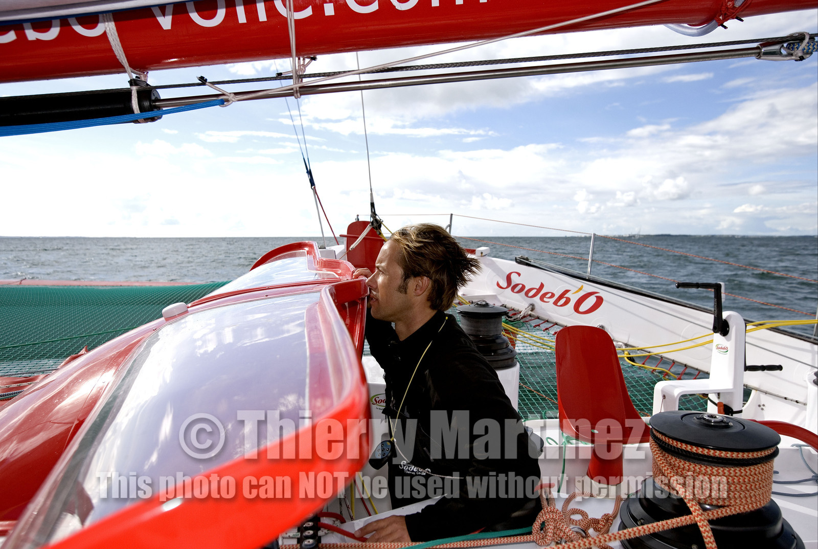 Thomas Coville(FRA) training on board trimaran SODEB'O for 2006 Route du Rhum.