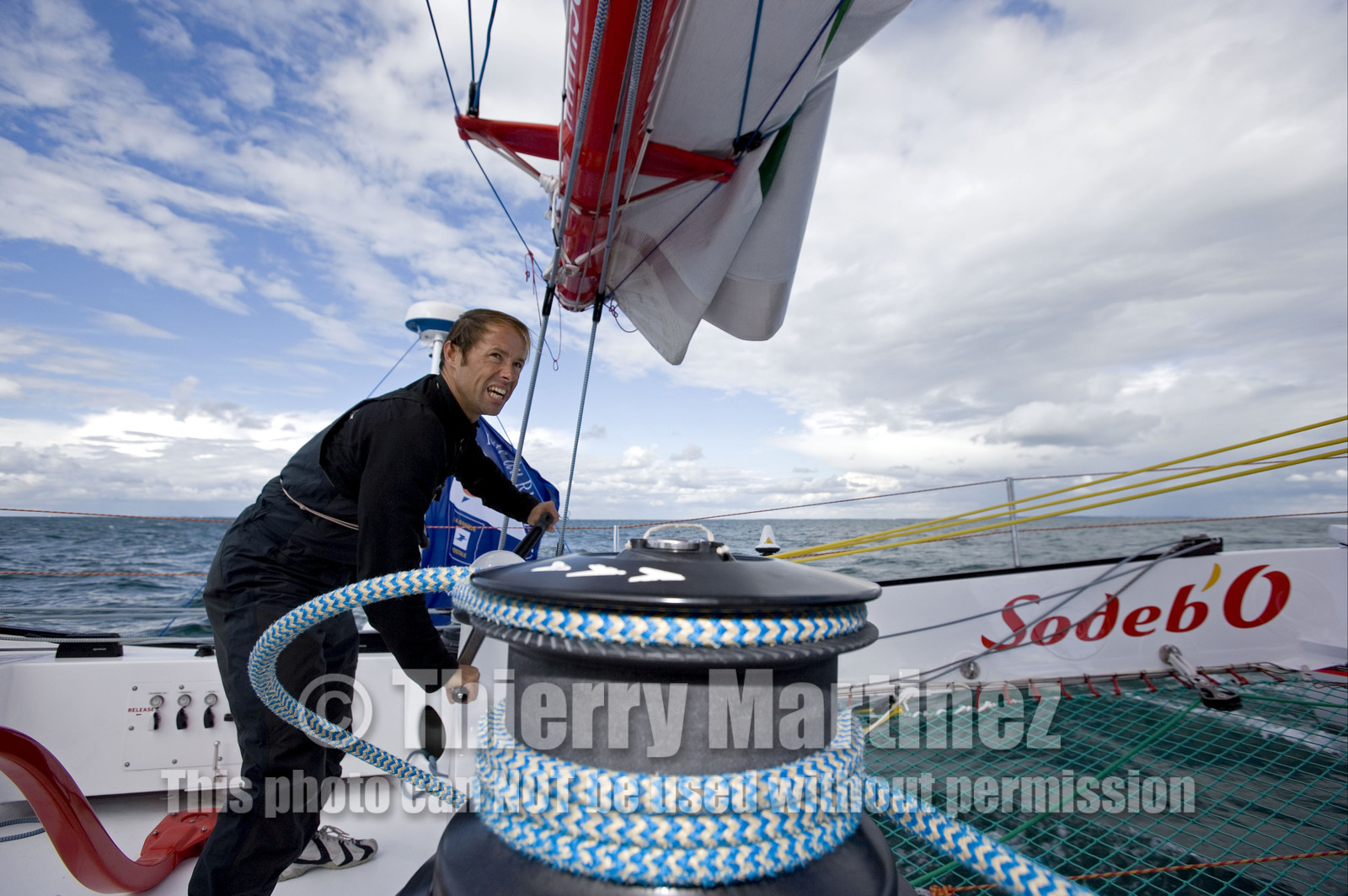 Thomas Coville(FRA) training on board trimaran SODEB'O for 2006 Route du Rhum.