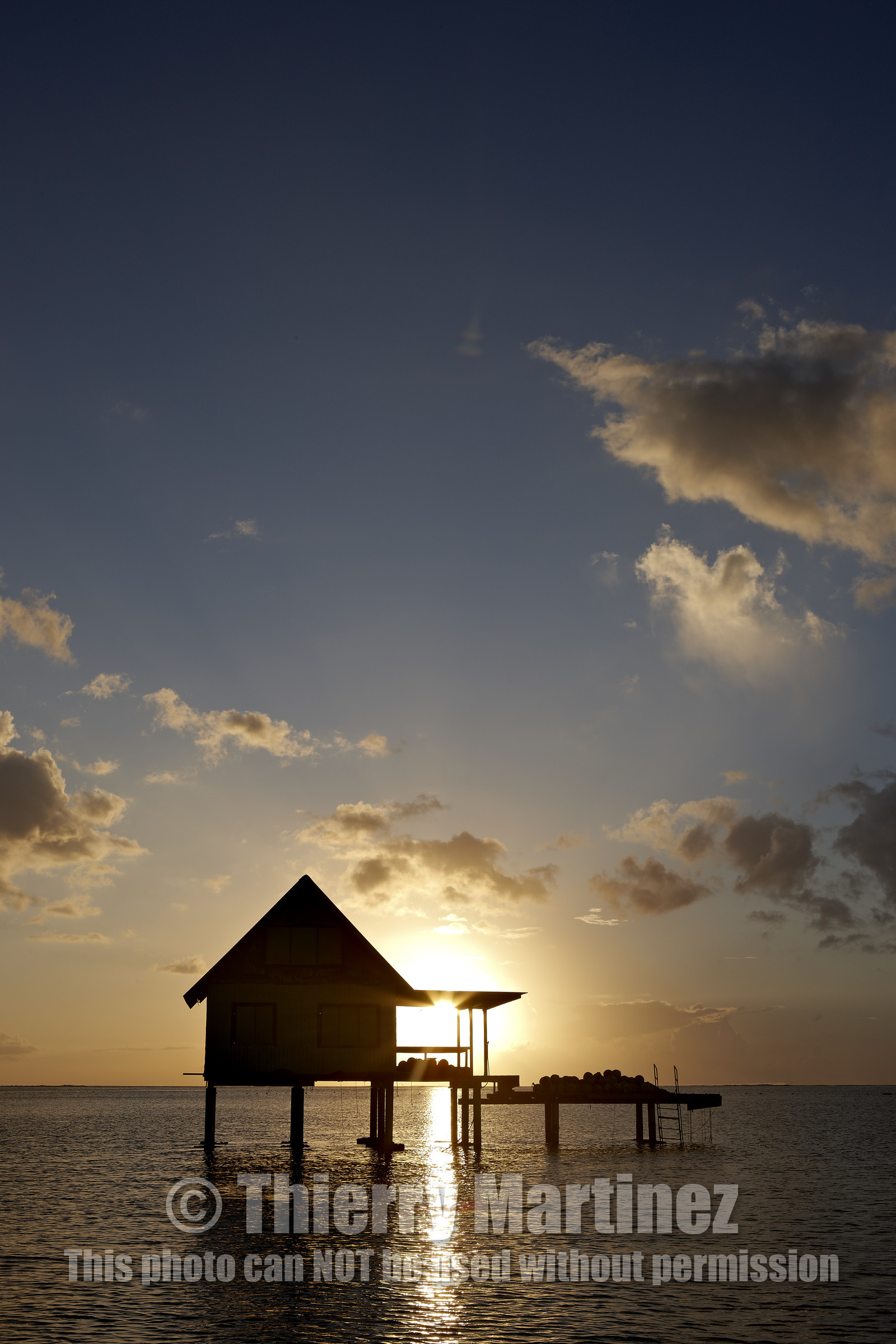 15_025358  ©ThMartinez Sea&Co.  RAIATEA - ILES SOUS LE VENT. POLYNESIE FRANCAISE .  2 Février 2015. ..Ferme perliere dans le lagon de Raiatea au couché du soleil.