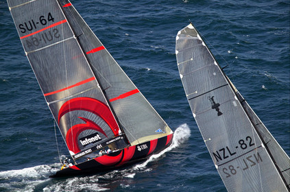 03_0895D © Th.Martinez. Auckland   New Zealand. 15 02 03 America's Cup Day 1.Alinghi (SUI64) vs Team New Zealand (NZL82) SUI64 leading on NZL82 in the first upwind leg before team new zealand retired from the race.