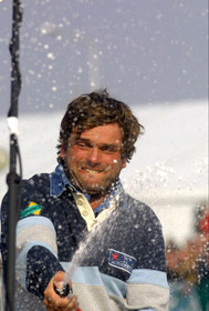 ©ThMartinez. Vendee Globe Finish.20th Feb 2001 Les Sables d'Olonne (FRA).Marc Thiercelin (FRA) ACTIVEWEAR finishing 4th in 103 days 20h 37mn 49s.
