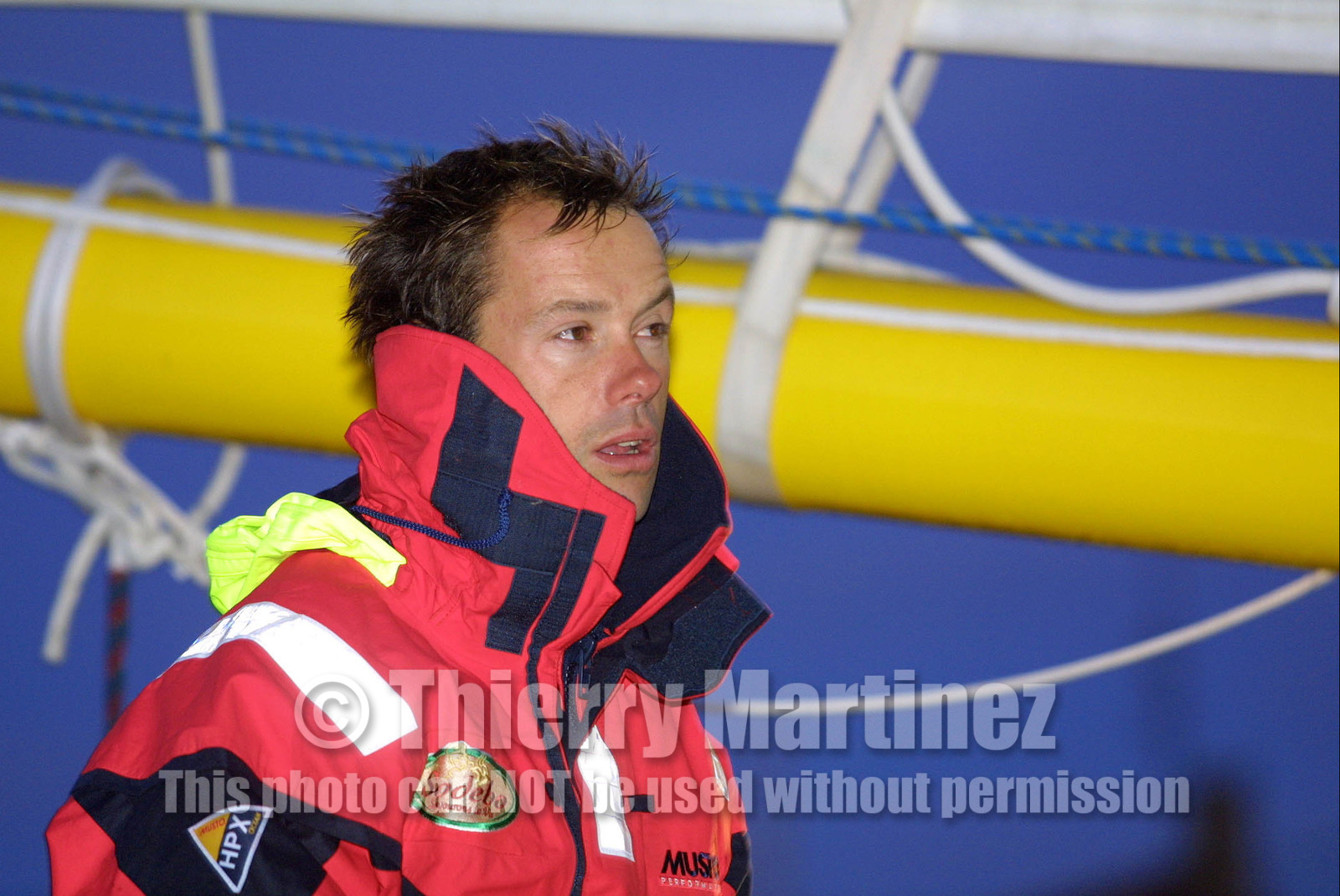 ©Thierry Martinez   Sea&Co.Vendee Globe Finish. les Sables d'Olonne (FRA) 23th february 2001. 07h15 (local time).Thomas Coville (FRA) SODEBO finishing 6th in single handed round the world race, in 105days 7h 24mn..Thomas had crossed the finish line at 23h35mn the day before.