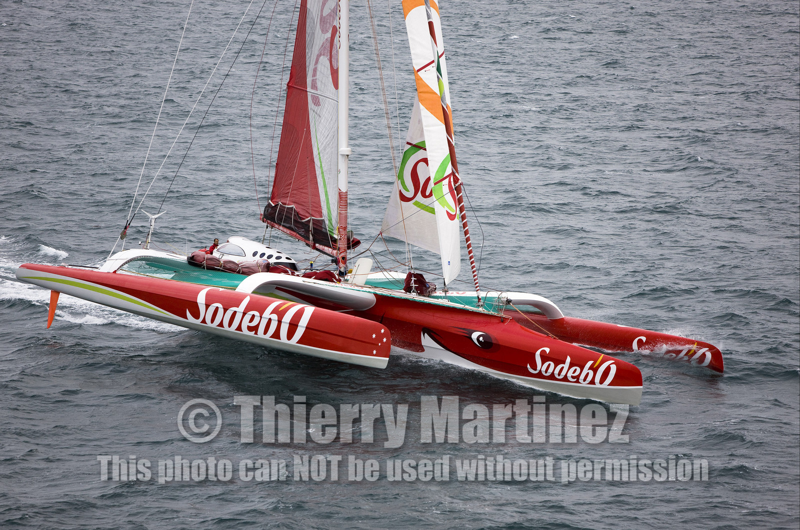 Thomas Coville (FRA) maxi trimaran SODEBO Solo round the world record attempt. Start in Brest (FRA)