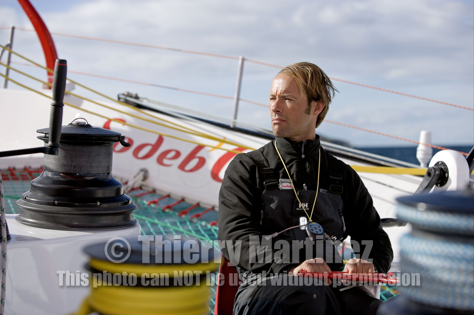 Thomas Coville(FRA) training on board trimaran SODEB'O for 2006 Route du Rhum.