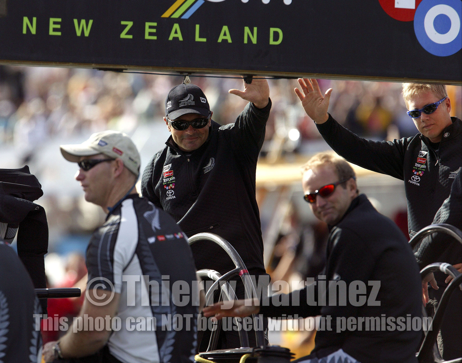 03_0145D ©Th.Martinez - Auckland (NZ) . America's Cup 2003. 15th February 2003. Day 1..Team NZ  NZL 81 leaving Viaduct Harbour to warm up NZL82 to defend 31st America's cup against Challenger Team Alinghi in first race. Frenchman Bertarnd Pace is at the helm of second Team NZ's boat :NZL 81.