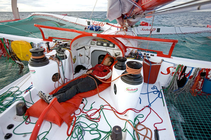 Thomas Coville(FRA) training on board trimaran SODEB'O for 2006 Route du Rhum.
