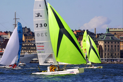 01_0474D-©ThMartinez- Sweden 1st 3rd August 2001. Archipelago Raid (Catamaran Formula 18).1st August 2001- Start in Stockholm (SWE)- Franck Cammas (FRA) & Steve Ravussin(SUI) leading ..
