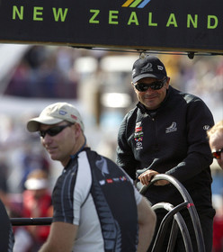 03_0146D ©Th.Martinez - Auckland (NZ) . America's Cup 2003. 15th February 2003. Day 1..Team NZ  NZL 81 leaving Viaduct Harbour to warm up NZL82 to defend 31st America's cup against Challenger Team Alinghi in first race. Frenchman Bertarnd Pace is at the helm of second Team NZ's boat :NZL 81.