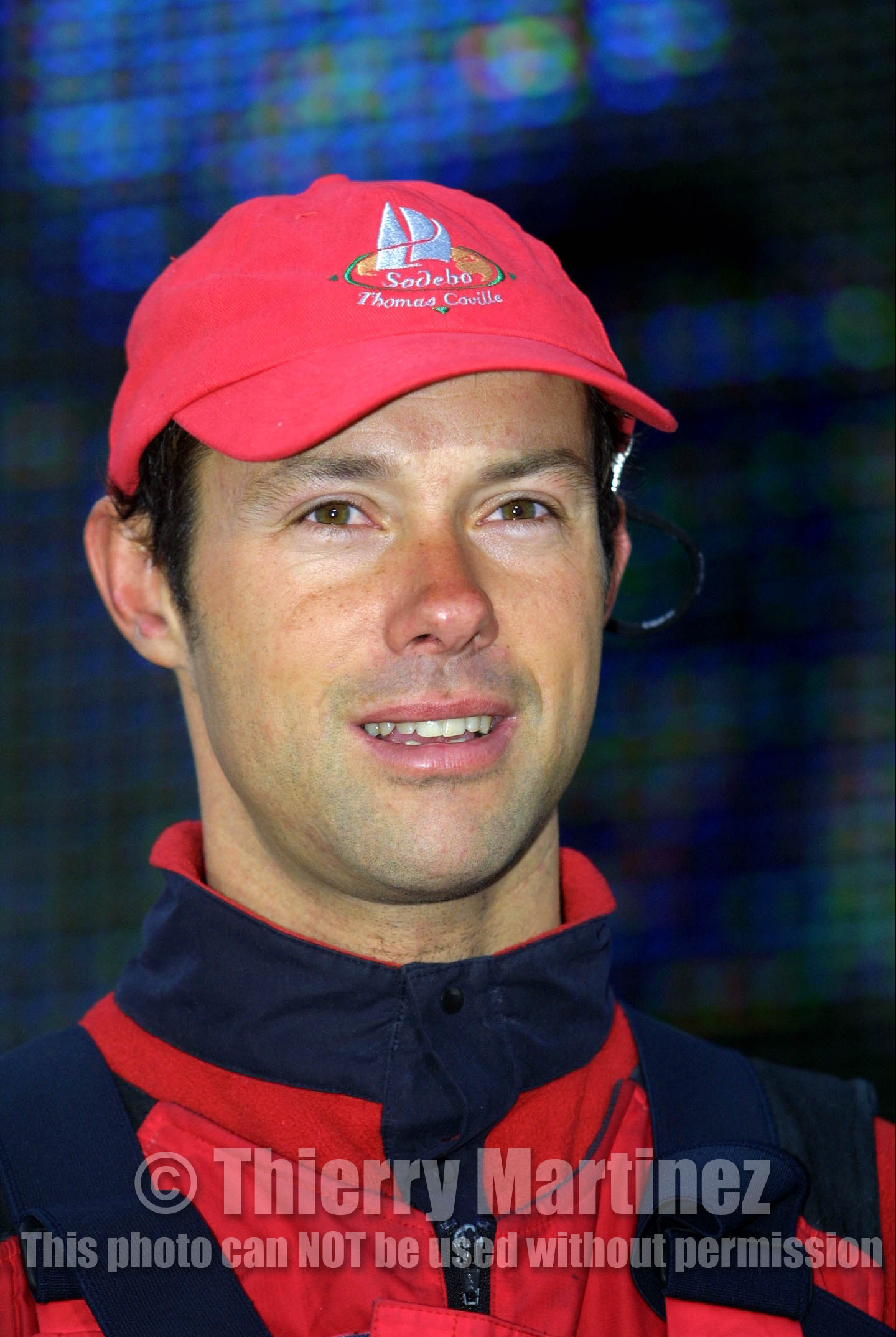 ©Thierry Martinez   Sea&Co.. Vendee Globe Finish. les Sables d'Olonne (FRA) 23th february 2001. 07h15 (local time).Thomas Coville (FRA) SODEBO finishing 6th in single handed round the world race, in 105days 7h 24mn..Thomas had crossed the finish line at 23h35mn the day before.