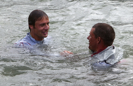 03_1501D ©Th.Martinez - Auckland (NZ) . America's Cup 2003. 2nd March 2003.Alinghi Team winner of America's Cup 2003..Ernesto Bertarelli and Dean Phipps in Vidauc Bassin water ...