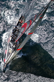 03_0919D © Th.Martinez. Auckland   New Zealand. 15 02 03 America's Cup Day 1.Alinghi (SUI64) vs Team New Zealand (NZL82) SUI64 saliling alone during race 1