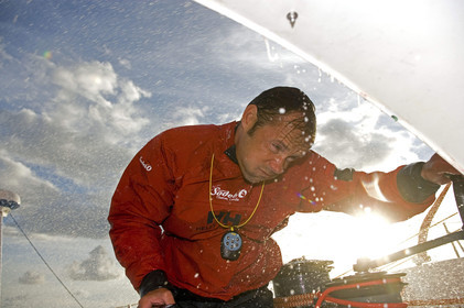 Thomas Coville(FRA) training on board trimaran SODEB'O for 2006 Route du Rhum.