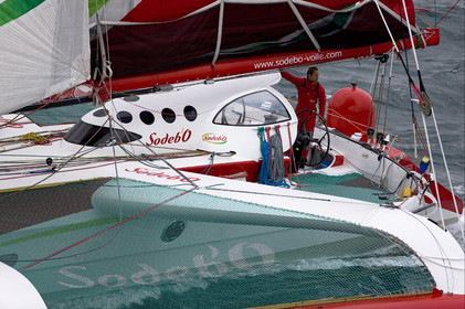 Thomas Coville (FRA) maxi trimaran SODEBO Solo round the world record attempt. Start in Brest (FRA)