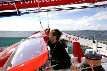 Thomas Coville(FRA) training on board trimaran SODEB'O for 2006 Route du Rhum.