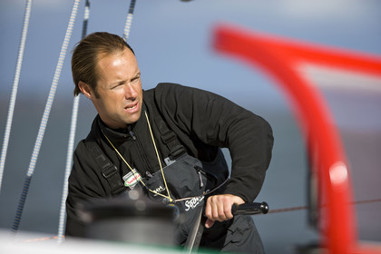 Thomas Coville(FRA) training on board trimaran SODEB'O for 2006 Route du Rhum.