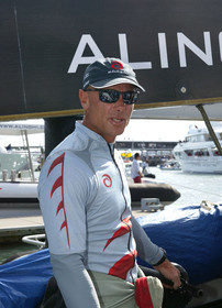03_0874D © Th.Martinez. Auckland   New Zealand. 15 02 03 America's Cup Day 1.Alinghi (SUI64) vs Team New Zealand (NZL82)Alinghi Team onboard SUI64 leaving the dock for .the first race day of the America's Cup 2003. Richard Bouzaid.