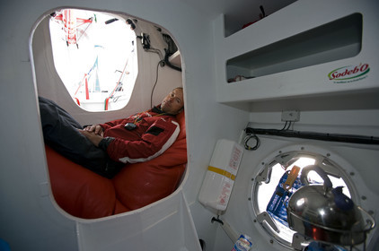 Thomas Coville(FRA) training on board trimaran SODEB'O for 2006 Route du Rhum.
