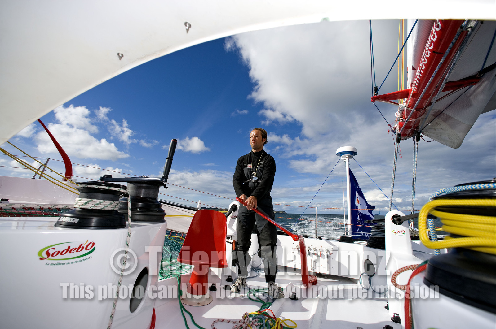 Thomas Coville(FRA) training on board trimaran SODEB'O for 2006 Route du Rhum.