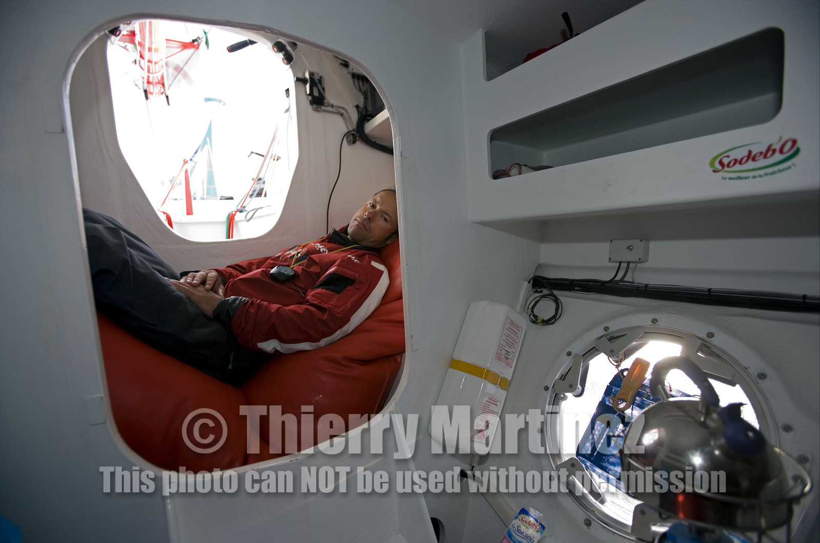 Thomas Coville(FRA) training on board trimaran SODEB'O for 2006 Route du Rhum.