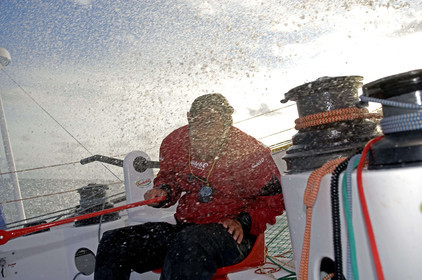 Thomas Coville(FRA) training on board trimaran SODEB'O for 2006 Route du Rhum.