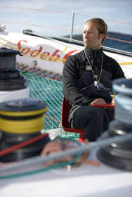 Thomas Coville(FRA) training on board trimaran SODEB'O for 2006 Route du Rhum.