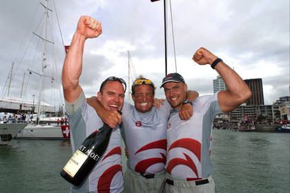 03_1462D © Th.Martinez . Auckland   New Zealand. 2nd March 2003 America's Cup 2003. Day 5, Alinghi (SUI64) vs Team New Zealand (NZL82). .Alinghi winner of the 31st America's Cup. Curtis Blewett, Josh Belski and Pieter Van Nieuwenhuyzen, very happy of the Alinghi victory.