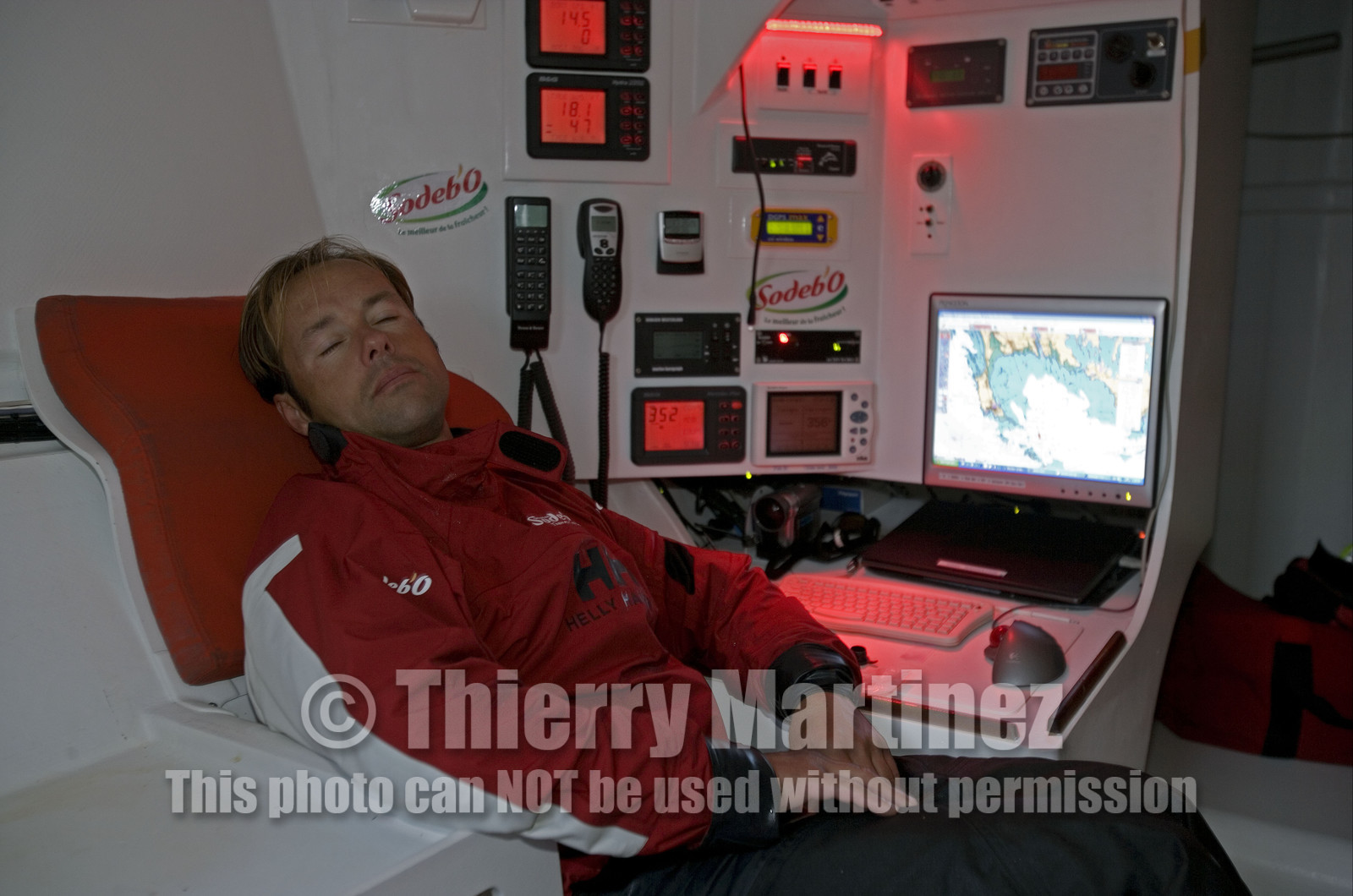 Thomas Coville(FRA) training on board trimaran SODEB'O for 2006 Route du Rhum.