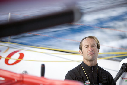 Thomas Coville(FRA) training on board trimaran SODEB'O for 2006 Route du Rhum.