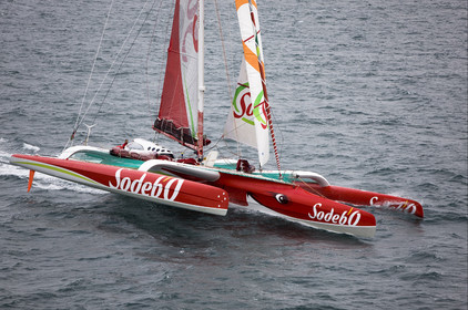Thomas Coville (FRA) maxi trimaran SODEBO Solo round the world record attempt. Start in Brest (FRA)